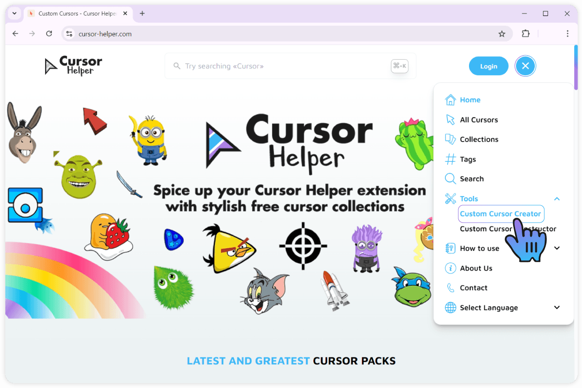 1.Go to the page with the Cursor Creator.