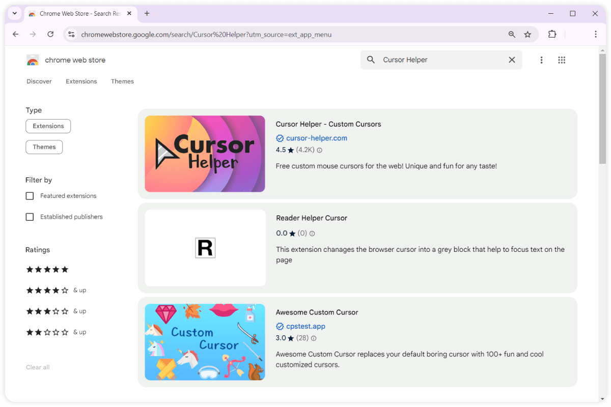 4. Find the «Cursor Helper» extension in the search results.