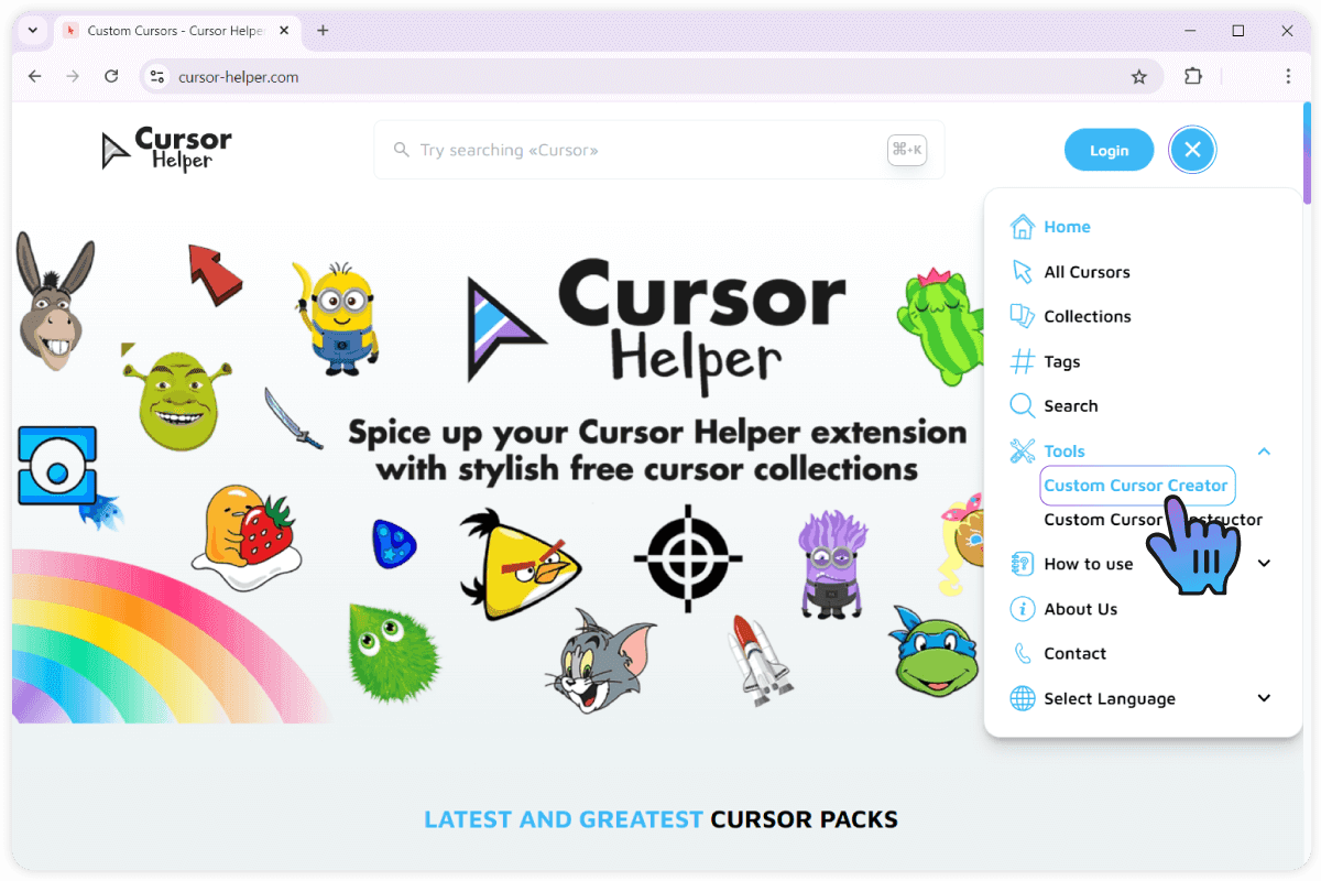 1.Go to the page with the Cursor Creator.
